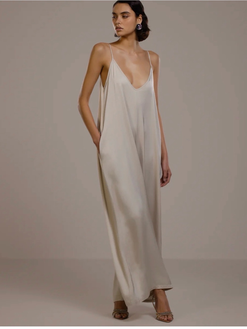 Audrey Satin Jumpsuit | Light Beige - Size L